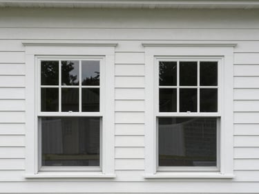 Exterior facade close-up of a residential home, two single-hung vinyl windows side by side, white frames against painted siding, clear glass showing interior depth, bright overcast daylight, sharp frame-to-wall junction detail