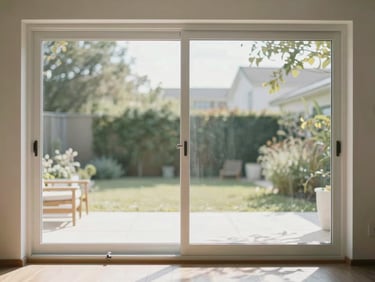 Interior view looking outward through a wide sliding glass door in a residential room, vinyl frame in white, track hardware visible at floor level, bright north-facing daylight, patio beyond the glass in soft focus