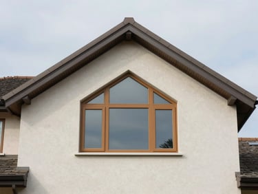 Exterior gable wall of a residential home featuring a trapezoid vinyl window set into the peak, almond-colored frame against light stucco, sharp angle cuts at corner joints, flat overcast daylight, no staging or lifestyle props