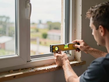 Two installers fitting a vinyl window frame into a rough opening on a residential construction site, hands visible at the frame corners, level tool resting on sill, bright construction-site daylight, no faces visible