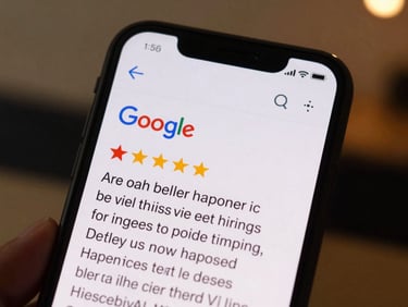 Close-up of a smartphone screen showing a Google review card and a polished AI-generated response text below it, warm indoor salon lighting in background, phone held naturally, clean interface visible, no text overlays