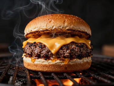 Artisanal burger with melting cheddar cheese cooked over open fire, smoke curling around the toasted brioche bun.