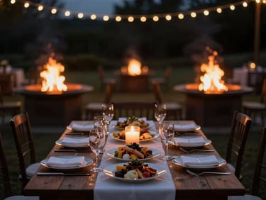 Elegant outdoor wedding reception table set up at twilight, with warm fire pits glowing in the background under string lights.