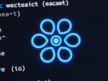 Extreme close-up of clean React code on a dark screen with neon blue highlights, moody ambient lighting, macro lens