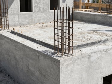 Detail of clean concrete foundations and steel reinforcement of a modern house under construction, daylight
