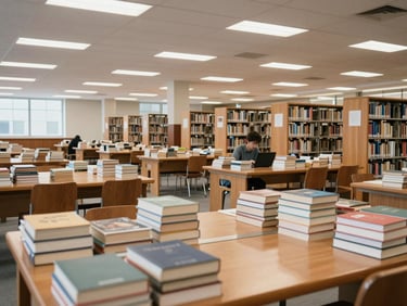 Wide shot of a university library reading room in flat daytime light, long wooden tables, stacks of books, a single student working at a laptop, no posed expressions