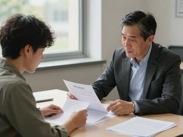 Medium shot of a student and advisor seated across a desk reviewing a printed university shortlist, natural north-facing window light, documents spread flat, no eye contact with camera