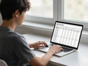 Medium shot of a student at a laptop reviewing a spreadsheet of university deadlines, seated at a plain desk near a window, flat morning light, relaxed posture, not looking at camera