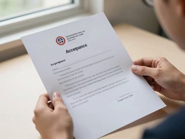 Close-up of a student's hands holding a printed acceptance letter over a desk, natural window light from the left, letter slightly angled, no face visible