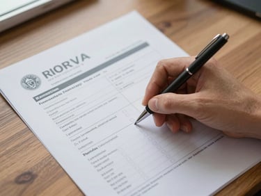 Close-up overhead of visa application documents spread on a wooden desk, a hand marking a checklist with a pen, flat daylight from a nearby window, no faces