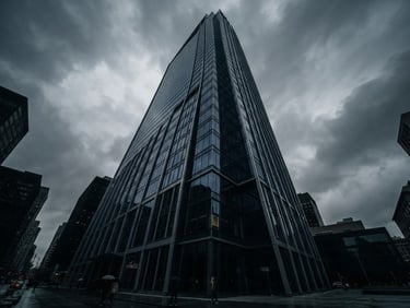 Low-angle exterior shot of a modern glass office tower reflecting dramatic overcast daylight, deep architectural navy shadows, sharp structural lines, 35mm photography.