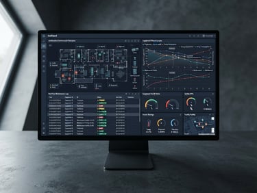 Overhead flat-lay digital interface mockup of the VELLUMHUE asset performance dashboard, showcasing high-fidelity equipment lifecycle graphs, real-time maintenance logs, and architectural floorplans, deep navy and slate gray tones, sharp technical UI design, cinematic lighting.