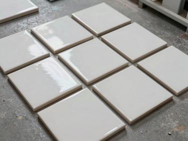 Overhead catalog view of ceramic bathroom tiles arranged in a flat-lay grid pattern on factory floor, bright strobe lighting, showing glaze surface and edge detail, clinical and even illumination