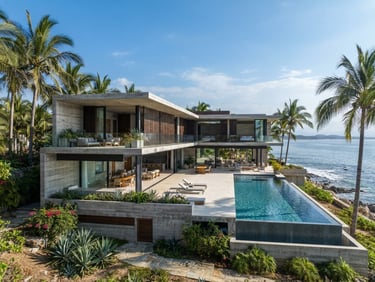 Wide-angle architectural elevation of a concrete coastal villa in Punta de Mita, bright daylight, sharp structural lines, palm trees framing the edge.