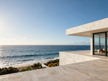 Wide-angle architectural shot of a modern coastal luxury estate in Punta de Mita, overlooking the Pacific ocean, bright midday sun, high-contrast, 35mm lens.