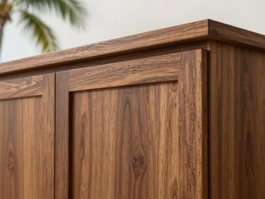 Close-up of high-end custom carpentry showing rich parota wood grain with a flawless matte marine finish, architectural detail.