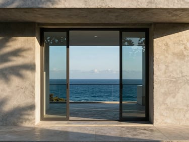 Symmetrical close-up of premium poured concrete and ocean-facing glass of a modern villa, dramatic golden-hour sunlight casting sharp geometric shadows, deep ocean blues, 35mm lens.