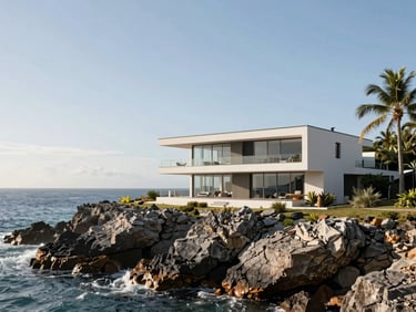 Architectural elevation of a modern house anchored to a rocky coastal cliff, dramatic ocean background, bright afternoon sun.