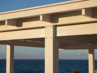 Macro shot of custom carpentry and structural steel joints on a luxury villa pavilion, warm golden-hour light, premium architectural photography, 35mm lens.