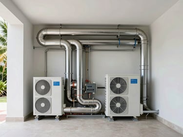 A clean, organized mechanical room of a luxury home, showing pristine stainless steel pipes and modern HVAC units, bright lighting.