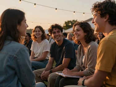Cinematic low-angle shot of a warm golden-hour outdoor community gathering, diverse young creators laughing and sharing ideas, soft ambient string lights, shallow depth of field