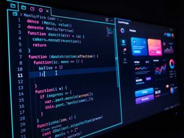 Sleek dark-mode UI rendering of a split-pane code editor on the left and a live preview on the right, glowing neon status accents, high-contrast obsidian tones, crisp macro focus