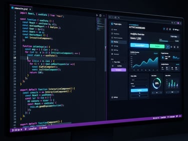 Sleek dark-mode UI rendering of a split-pane code editor, left pane showing clean JavaScript code with glowing syntax highlighting, right pane showing a live web preview, obsidian tones, macro focus.