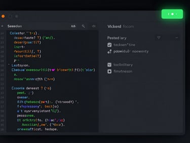 Sleek dark-mode UI rendering of a split-pane code editor, showing code syntax highlighting on the left and a live web preview on the right, with a glowing green success status indicator at the top corner, high-contrast obsidian tones, crisp macro focus