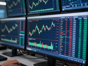 Close-up of a professional trading desk with multiple monitors displaying real-time candlestick charts and order books, cool ambient blue screen glow, shallow depth of field