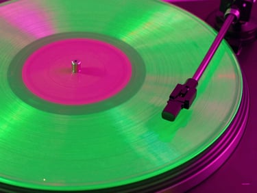 Close-up of vibrant neon vinyl record spinning on a turntable, glowing magenta and electric green backlighting, high-contrast digital pop culture aesthetic