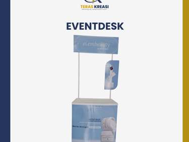 Portable event desk booth for ei.embeauty skincare promotion with custom branded graphics and header.