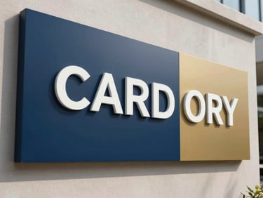 Wide environmental shot of a branded display signage system installed on a corporate office wall, navy and gold panel with clean typography, north-facing daylight, no people
