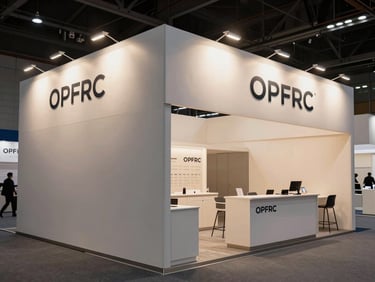 Wide environmental shot of a branded corporate exhibition booth installed in a convention hall — signage panels lit by controlled studio lighting, branded counter visible, no people, emphasis on material quality and dimensional display