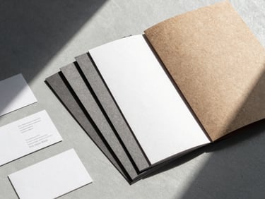 Overhead flat-lay of branded print collateral — company profile booklets, business cards, and folders fanned on a light grey surface under north-facing daylight, close crop showing paper texture and cover finish detail
