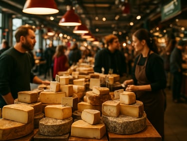Wide environmental shot of a bustling modern food hall with warm lighting, artisanal cheese displays in the foreground, unposed action