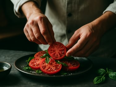 Close-up of chef hands plating a vibrant crimson heirloom tomato dish in a moody, side-lit Scandinavian kitchen, 35mm photography