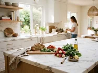 Bright modern kitchen with fresh ingredients on a marble island, natural daylight pouring in, shallow depth of field, 35mm photography