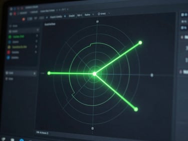 Close-up macro shot of a dark-mode developer interface displaying a radar chart of technical skills matching, neon green lines on deep dark gray, cool screen-glow, 35mm
