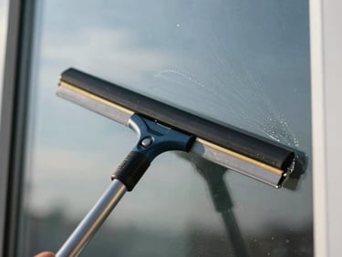 Close-up of a professional squeegee wiping a window pane clean, leaving a streak-free reflection of the sky.