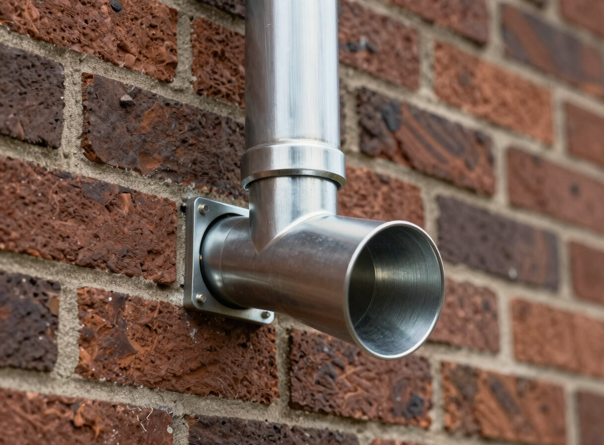 Close-up of clean, metallic downspout connection on a residential brick wall, showcasing crisp installation and perfect alignment.