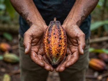 Hands holding a raw cacao pod at El Refugio farm, natural jungle light, rustic textures