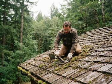 Crisp outdoor photography of a craftsman carefully clearing moss from a cedar shingle roof by hand, soft overcast Southern Oregon daylight, tall pine trees in the background, natural forest greens, 35mm