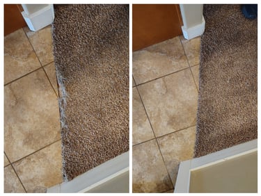 Pet Damaged carpet looked horrible at tile threshold, Carpet was fully repaired to new condition.