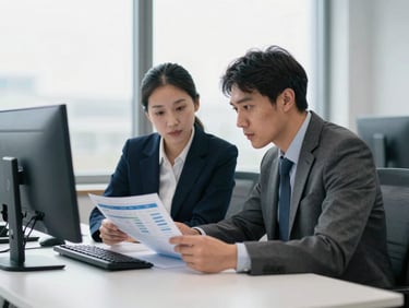 Two professional Dutch accountants collaborating, looking at a financial report on a dual-screen setup, clean office environment, bright natural overcast daylight, cool blue and neutral gray tones, sharp focus, 35mm