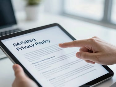 Close-up of a professional hand pointing at a data privacy policy document on a tablet, clean Dutch office background, bright natural overcast daylight, cool blue and neutral gray tones, sharp focus, 35mm