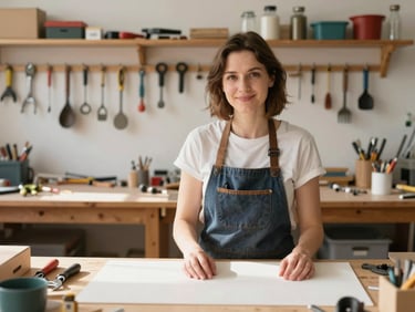A local business owner working in her bright, daylight-filled workshop, tools arranged neatly in the background, warm tones, shallow depth of field