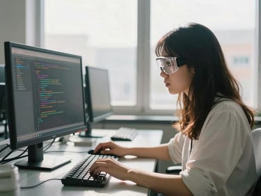 A young woman in safety goggles analyzing code on a screen in a bright, high-contrast computer lab, warm natural window light, 35mm