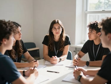 A focused young community organizer leading an active discussion around a table in a sunlit room, high contrast, authentic editorial photography