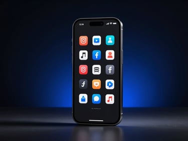 Smartphone displaying a vertical video, surrounded by social media icons, sleek corporate photography, dramatic high-contrast studio lighting, deep shadows with electric blue accents, sharp focus, 35mm