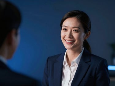 Still from a client interview video, close-up of a smiling business owner speaking confidently, sleek corporate photography, dramatic high-contrast studio lighting, deep shadows with electric blue accents, sharp focus, 35mm.